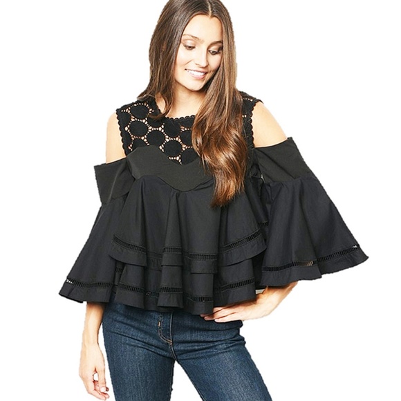 Cold Shoulder Bell Sleeve Lace Ruffle Blouse Top - Picture 2 of 8